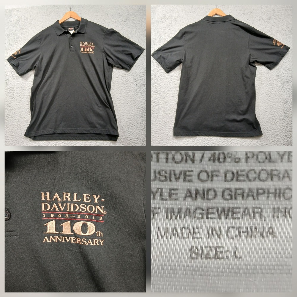 Harley-Davidson 110th Anniversary Polo Shirt Mens Large Black Short‎ Sleeve